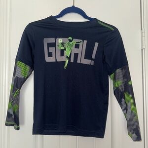 Boys’ Long Sleeve “GOAL!” Soccer Graphic Shirt - Navy & Neon Green - Size L